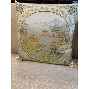 Pair Oriental Silk Tapestry Pillows Feather Insert